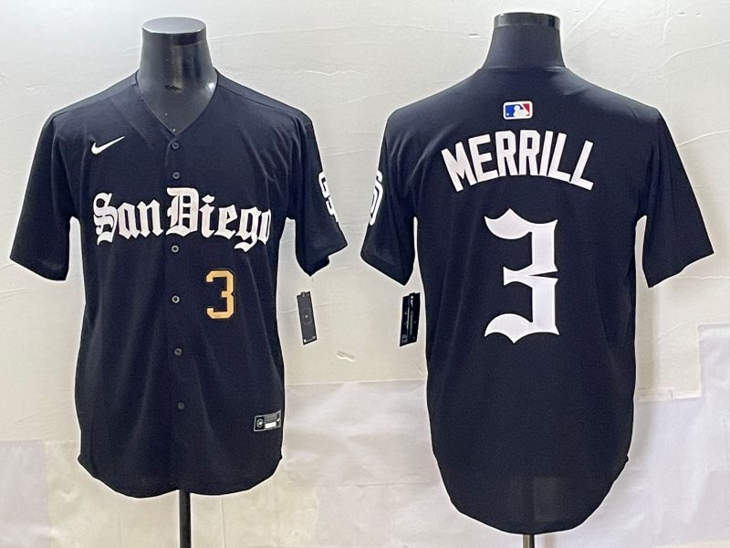 Men 2025 San Diego Padres #3 Merrill Black Five generations Joint Name Nike MLB Jersey style 6